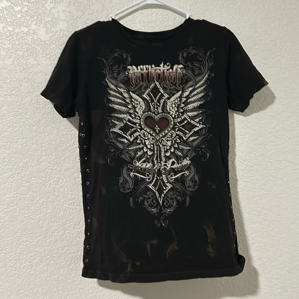 Medium short sleeve Heart in Cross slight bleach T shirt w/ rhinestones on sides